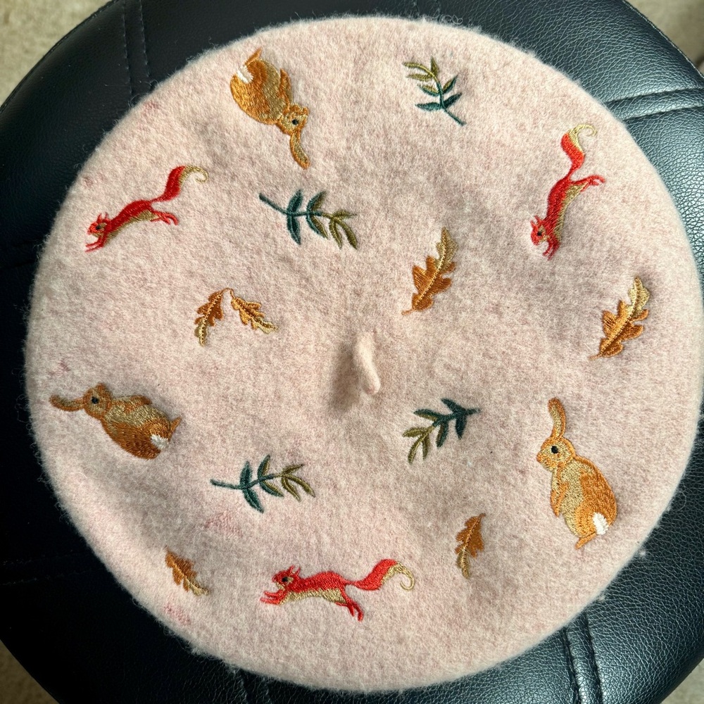 Embroidered Cream Beret with Autumnal Critters